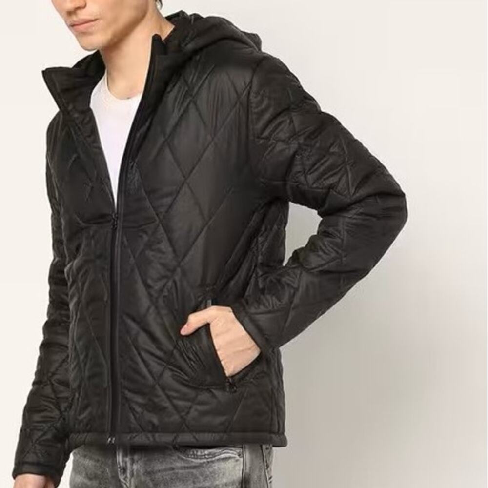 Zara Man Diamond Quilted Full Zip Jacket Packable Hood Men L Black Lightweight